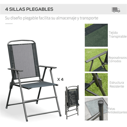 Outsunny Conjunto de Móveis de Jardim 6 Peças com 4 Cadeiras Dobráveis 1 Mesa com Bancada de Vidro e 1 Chapéu de Sol para Terraço Exterior Preto