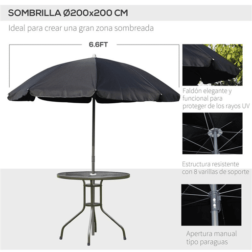 Outsunny Conjunto de Móveis de Jardim 6 Peças com 4 Cadeiras Dobráveis 1 Mesa com Bancada de Vidro e 1 Chapéu de Sol para Terraço Exterior Preto