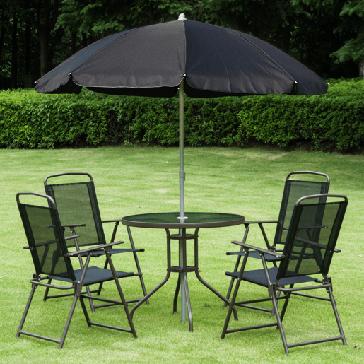 Outsunny Conjunto de Móveis de Jardim 6 Peças com 4 Cadeiras Dobráveis 1 Mesa com Bancada de Vidro e 1 Chapéu de Sol para Terraço Exterior Preto