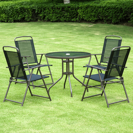 Outsunny Conjunto de Móveis de Jardim 6 Peças com 4 Cadeiras Dobráveis 1 Mesa com Bancada de Vidro e 1 Chapéu de Sol para Terraço Exterior Preto