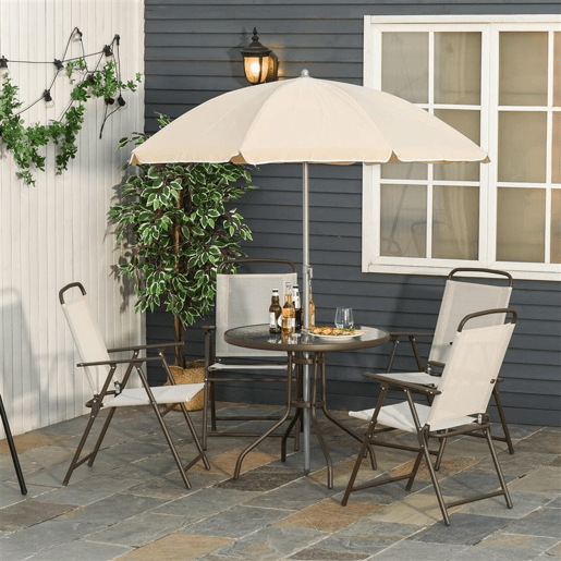 Outsunny Conjunto de Móveis de Jardim 6 Peças com 4 Cadeiras Dobráveis 1 Mesa com Bancada de Vidro e 1 Chapéu de Sol para Terraço Exterior Bege