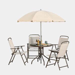 Outsunny Conjunto de Móveis de Jardim 6 Peças com 4 Cadeiras Dobráveis 1 Mesa com Bancada de Vidro e 1 Chapéu de Sol para Terraço Exterior Bege