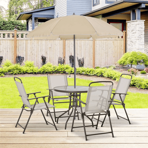 Outsunny Conjunto de Móveis de Jardim 6 Peças com 4 Cadeiras Dobráveis 1 Mesa com Bancada de Vidro e 1 Chapéu de Sol para Terraço Exterior Bege