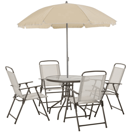 Outsunny Conjunto de Móveis de Jardim 6 Peças com 4 Cadeiras Dobráveis 1 Mesa com Bancada de Vidro e 1 Chapéu de Sol para Terraço Exterior Bege