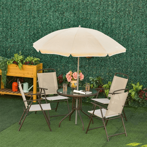 Outsunny Conjunto de Móveis de Jardim 6 Peças com 4 Cadeiras Dobráveis 1 Mesa com Bancada de Vidro e 1 Chapéu de Sol para Terraço Exterior Bege