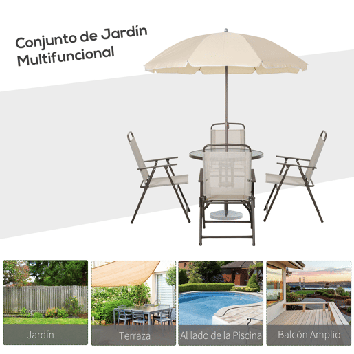 Outsunny Conjunto de Móveis de Jardim 6 Peças com 4 Cadeiras Dobráveis 1 Mesa com Bancada de Vidro e 1 Chapéu de Sol para Terraço Exterior Bege