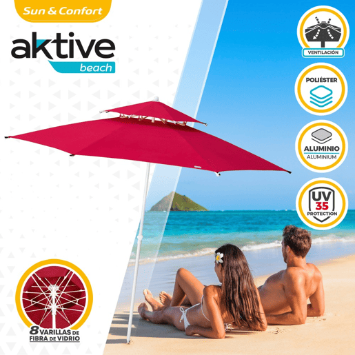 Aktive Guarda-sol de praia grande anti-vento 8 varetas 280 cm vermelho