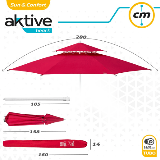 Aktive Guarda-sol de praia grande anti-vento 8 varetas 280 cm vermelho