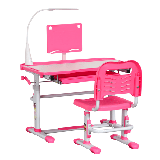 HOMCOM Conjunto de secretária e cadeira para crianças +6 anos Secretária para crianças com mesa inclinável ajustável em altura Gaveta Candeeiro LED e porta-lápis 80x49,5x80-105 cm e 36x34x60-73 cm Rosa