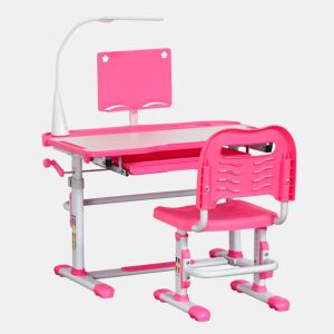 HOMCOM Conjunto de secretária e cadeira para crianças +6 anos Secretária para crianças com mesa inclinável ajustável em altura Gaveta Candeeiro LED e porta-lápis 80x49,5x80-105 cm e 36x34x60-73 cm Rosa
