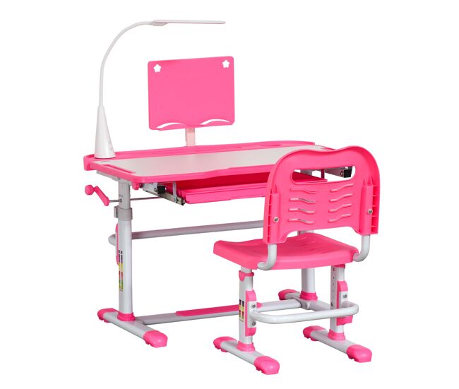 Homcom juego de escritorio y silla para niños de +6 años pupitre infantil con altura ajustable mesa inclinable cajón lámpara led y portalápices 80x49,5x80-105 cm y 36x34x60-73 cm rosa