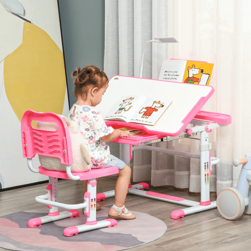 HOMCOM Conjunto de secretária e cadeira para crianças +6 anos Secretária para crianças com mesa inclinável ajustável em altura Gaveta Candeeiro LED e porta-lápis 80x49,5x80-105 cm e 36x34x60-73 cm Rosa