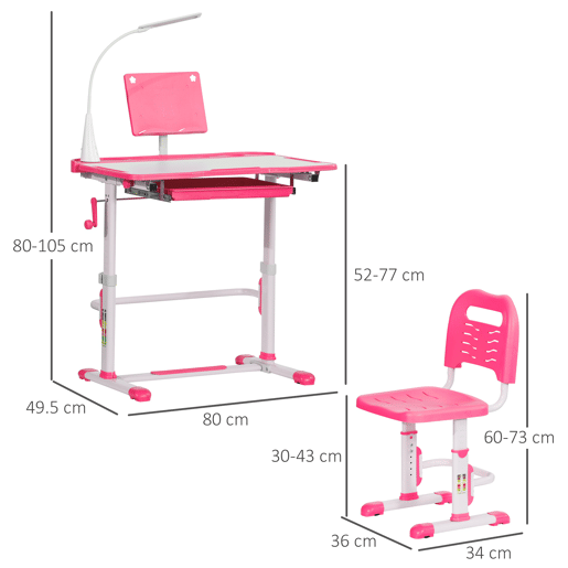 HOMCOM Conjunto de secretária e cadeira para crianças +6 anos Secretária para crianças com mesa inclinável ajustável em altura Gaveta Candeeiro LED e porta-lápis 80x49,5x80-105 cm e 36x34x60-73 cm Rosa