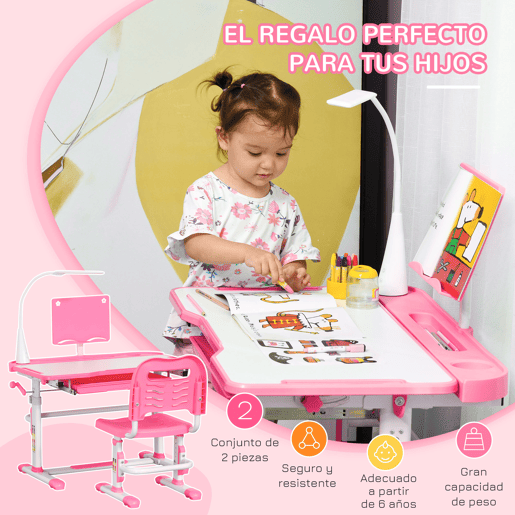 HOMCOM Conjunto de secretária e cadeira para crianças +6 anos Secretária para crianças com mesa inclinável ajustável em altura Gaveta Candeeiro LED e porta-lápis 80x49,5x80-105 cm e 36x34x60-73 cm Rosa