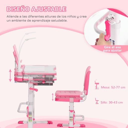 HOMCOM Conjunto de secretária e cadeira para crianças +6 anos Secretária para crianças com mesa inclinável ajustável em altura Gaveta Candeeiro LED e porta-lápis 80x49,5x80-105 cm e 36x34x60-73 cm Rosa