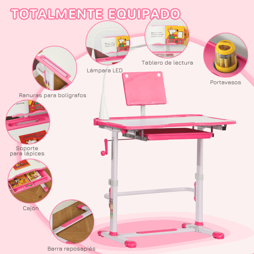 HOMCOM Conjunto de secretária e cadeira para crianças +6 anos Secretária para crianças com mesa inclinável ajustável em altura Gaveta Candeeiro LED e porta-lápis 80x49,5x80-105 cm e 36x34x60-73 cm Rosa