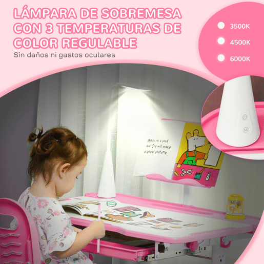 HOMCOM Conjunto de secretária e cadeira para crianças +6 anos Secretária para crianças com mesa inclinável ajustável em altura Gaveta Candeeiro LED e porta-lápis 80x49,5x80-105 cm e 36x34x60-73 cm Rosa