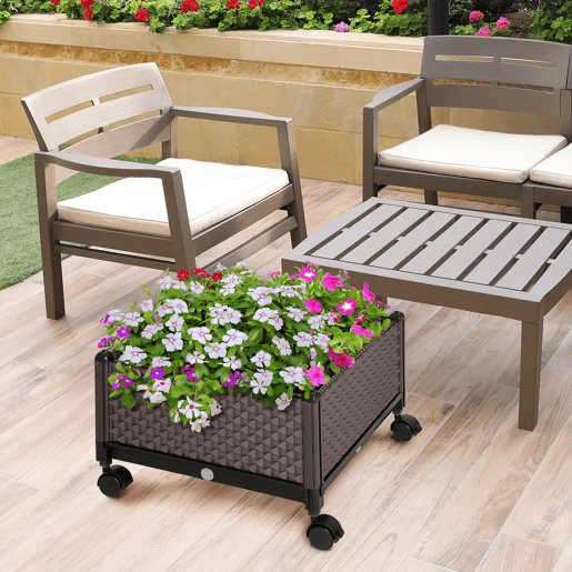 Outsunny Floreira Exterior de PP com Rodas Vaso de Jardim com Orifícios de Drenagem para Cultivo de Plantas no Exterior Pátio Terraço 50x50x33 cm Castanho