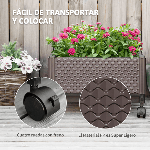 Outsunny Floreira Exterior de PP com Rodas Vaso de Jardim com Orifícios de Drenagem para Cultivo de Plantas no Exterior Pátio Terraço 50x50x33 cm Castanho