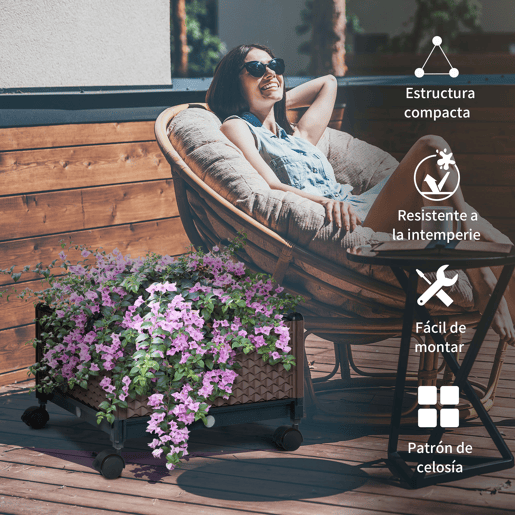 Outsunny Floreira Exterior de PP com Rodas Vaso de Jardim com Orifícios de Drenagem para Cultivo de Plantas no Exterior Pátio Terraço 50x50x33 cm Castanho