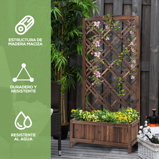 Outsunny Floreira com Treliça de Madeira Caixa de Plantio com Suporte para Plantas Trepadeiras para Jardim varanda Pátio 60x30x122,5cm Marrom