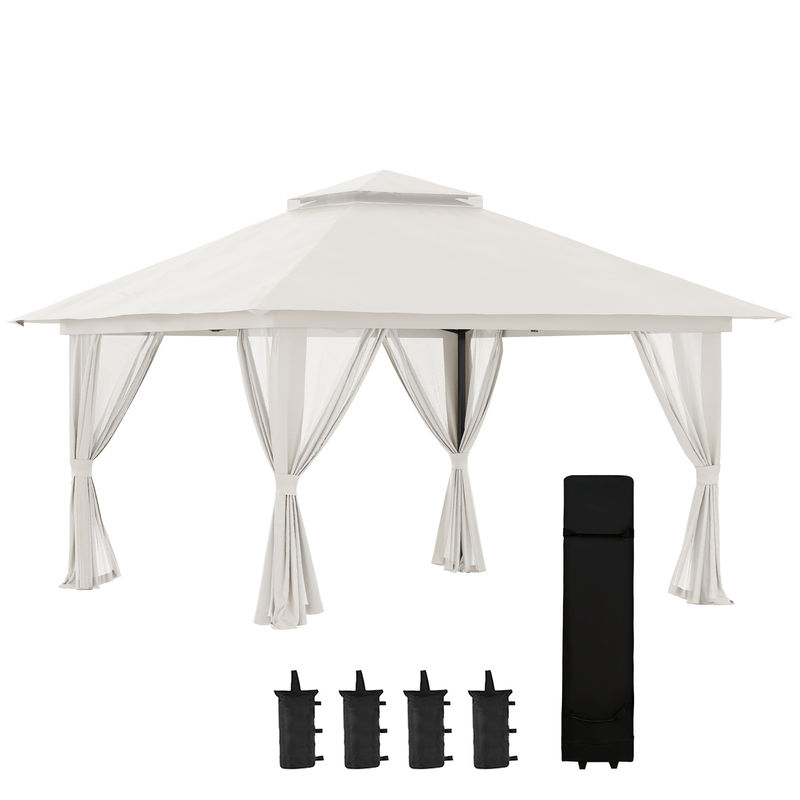 Outsunny carpa plegable pop-up 4x4x2,8 m cenador de jardín con paredes altura ajustable anti-uv impermeable doble techo mosquiteras y bolsa de ruedas gazebo para exterior fiestas camping crema