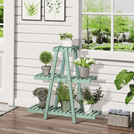 Outsunny Suporte de Madeira para Plantas Suporte para Flores de 3 Níveis Prateleira Decorativa de Plantas para Interior Exterior 46x26x76cm Verde