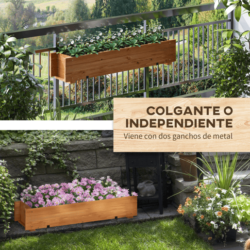 Outsunny Floreira de Madeira de Chão ou Parede Floreira Retangular com 2 Orifícios de Drenagem e 2 Ganchos para Cultivos de Plantas Flores em Jardim Varanda 91x18x16,5cm Madeira