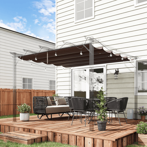 Cobertura de pérgola Outsunny 2,5x2,55 m Telhado de substituição retráctil para guarda-sol Cobertura de tecido para gazebo de jardim com 10 orifícios de drenagem Castanho Cobertura de pérgola Outsunny 2,5x2,55 m Telhado de substituição retráctil para guarda-sol Cobertura de tecido para gazebo de jardim com 10 orifícios de drenagem Castanho