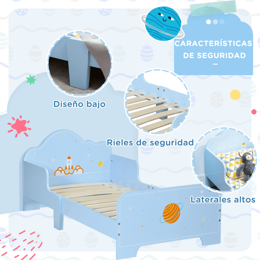 ZONEKIZ Cama para Crianças de 3-6 Anos 143x74x59cm Cama Infantil de Madeira com Barreiras de Proteção Carga Máxima 80kg Azul