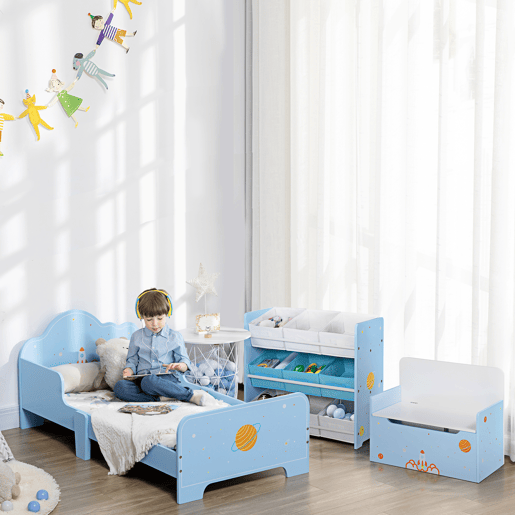 ZONEKIZ Cama para Crianças de 3-6 Anos 143x74x59cm Cama Infantil de Madeira com Barreiras de Proteção Carga Máxima 80kg Azul