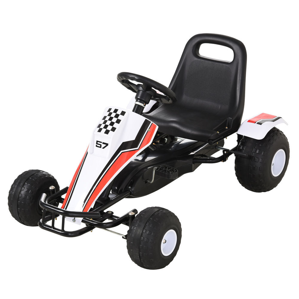 Homcom go kart a pedales para niños de +3 años coche de pedales infantil con asiento ajustable y freno de mano 104x66x57 cm blanco y negro