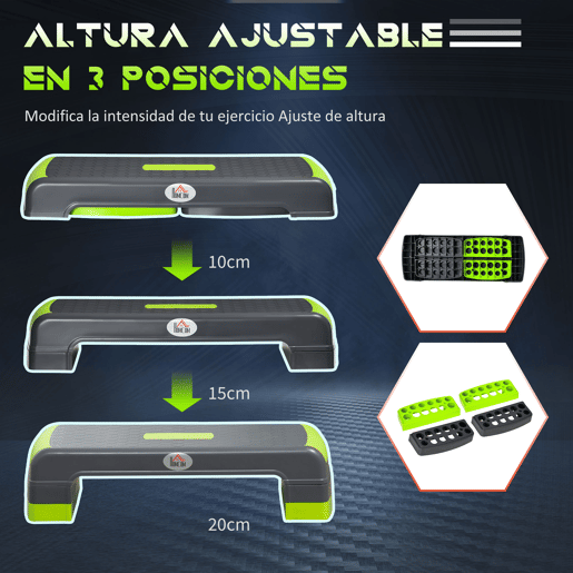 HOMCOM Plataforma Step Fitness Step de Aeróbico com Altura Ajustável de 101520cm Plataforma de Exercício em Casa Ginásio Oficina Carga 150kg 78x28x20cm Verde e Cinza