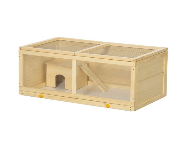 Pawhut jaula para hámster de madera 100x58x38 cm casa para roedores con tapa abatible panel de acrílico bandeja extraíble y cabaña para conejos chinchillas natural
