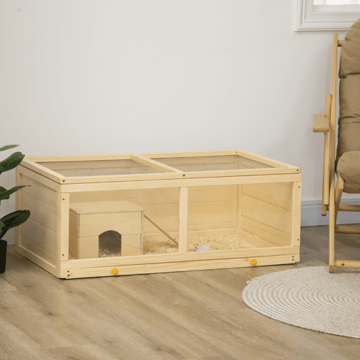 PawHut Gaiola para Hamster de Madeira 100x58x38cm Casa para Roedores com Tampa Abatível Painel de Acrílico Bandeja Amovível e Casa para Coelhos Chinchilas Madeira