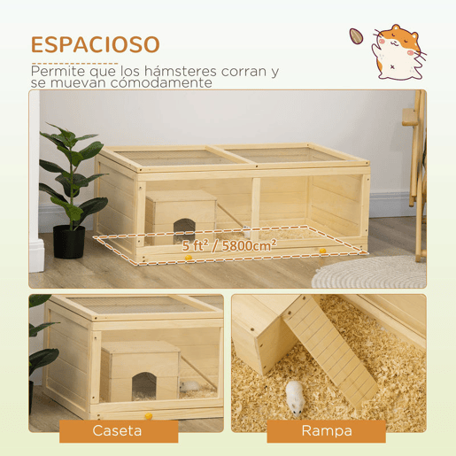 PawHut Gaiola para Hamster de Madeira 100x58x38cm Casa para Roedores com Tampa Abatível Painel de Acrílico Bandeja Amovível e Casa para Coelhos Chinchilas Madeira