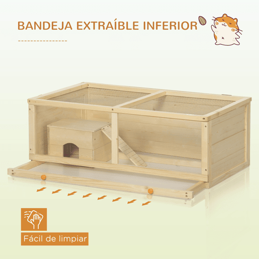 PawHut Gaiola para Hamster de Madeira 100x58x38cm Casa para Roedores com Tampa Abatível Painel de Acrílico Bandeja Amovível e Casa para Coelhos Chinchilas Madeira