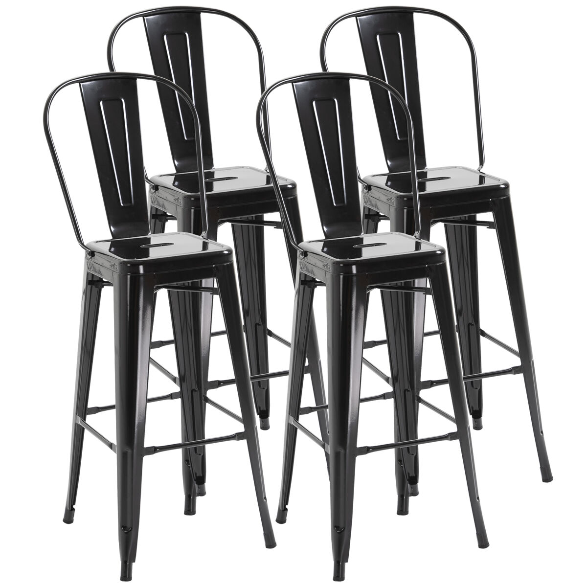 Homcom juego de 4 taburetes de bar con respaldo alto silla de comedor de metal con reposapiés para comedor carga 120 kg 44x46x116 cm negro