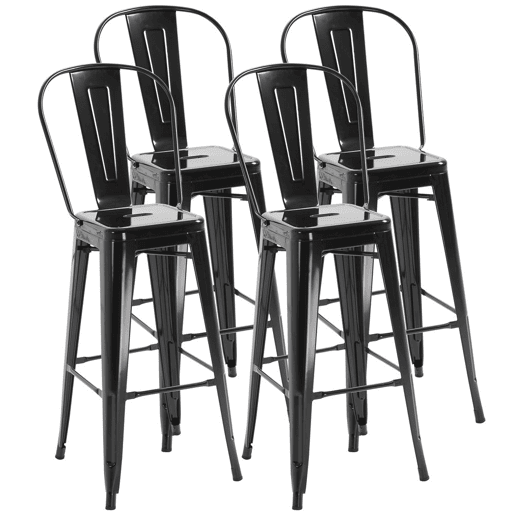 HOMCOM Conjunto de 4 Bancos Altos de Cozinha de Metal Bancos de Bar com Encosto Alto e Apoio para os Pés para Sala de Jantar Carga 120kg 44x49x116cm Preto