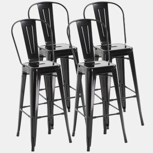 HOMCOM Conjunto de 4 Bancos Altos de Cozinha de Metal Bancos de Bar com Encosto Alto e Apoio para os Pés para Sala de Jantar Carga 120kg 44x49x116cm Preto