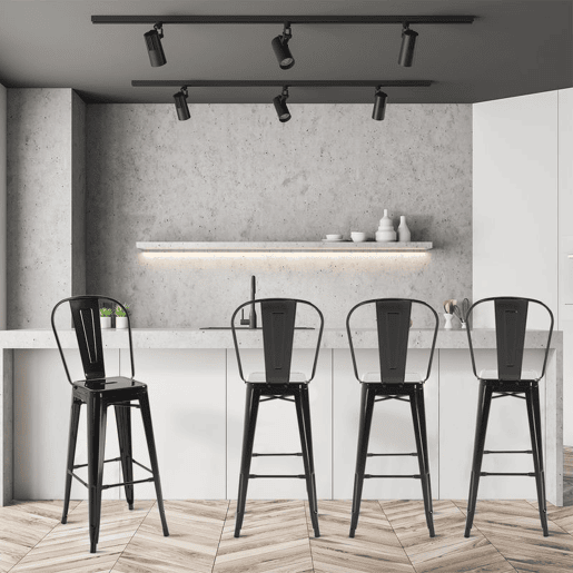 HOMCOM Conjunto de 4 Bancos Altos de Cozinha de Metal Bancos de Bar com Encosto Alto e Apoio para os Pés para Sala de Jantar Carga 120kg 44x49x116cm Preto