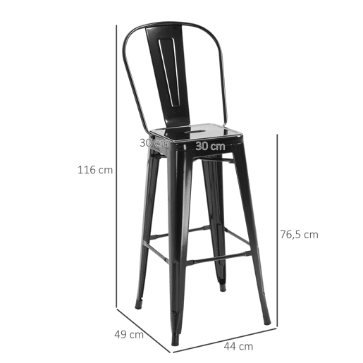 HOMCOM Conjunto de 4 Bancos Altos de Cozinha de Metal Bancos de Bar com Encosto Alto e Apoio para os Pés para Sala de Jantar Carga 120kg 44x49x116cm Preto