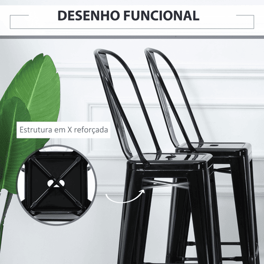 HOMCOM Conjunto de 4 Bancos Altos de Cozinha de Metal Bancos de Bar com Encosto Alto e Apoio para os Pés para Sala de Jantar Carga 120kg 44x49x116cm Preto