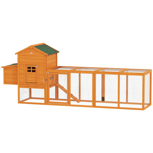 PawHut Galinheiro Grande para Exterior em Madeira, 297,5x68x118 cm para 3-6 Galinhas, Galinheiro com Ninho, Corral, Bandeja Removível, Telhado Asfáltico, Rampa, Porta com Fechadura, Natural