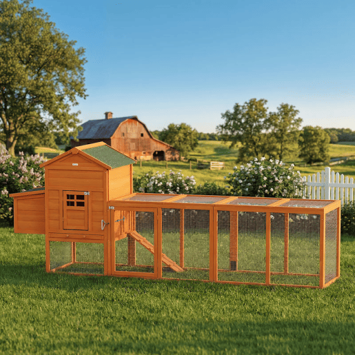 PawHut Galinheiro Grande para Exterior em Madeira, 297,5x68x118 cm para 3-6 Galinhas, Galinheiro com Ninho, Corral, Bandeja Removível, Telhado Asfáltico, Rampa, Porta com Fechadura, Natural