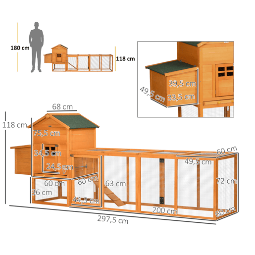 PawHut Galinheiro Grande para Exterior em Madeira, 297,5x68x118 cm para 3-6 Galinhas, Galinheiro com Ninho, Corral, Bandeja Removível, Telhado Asfáltico, Rampa, Porta com Fechadura, Natural