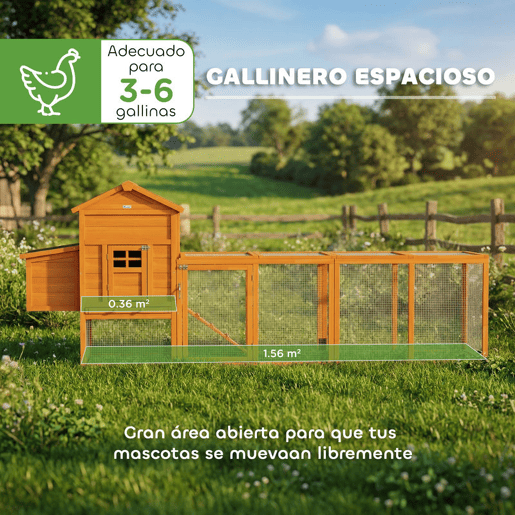 PawHut Galinheiro Grande para Exterior em Madeira, 297,5x68x118 cm para 3-6 Galinhas, Galinheiro com Ninho, Corral, Bandeja Removível, Telhado Asfáltico, Rampa, Porta com Fechadura, Natural