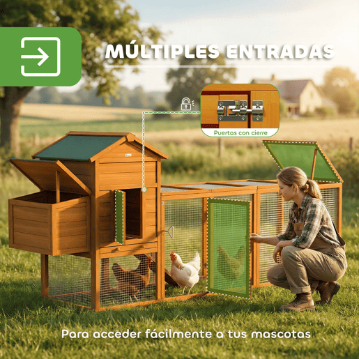 PawHut Galinheiro Grande para Exterior em Madeira, 297,5x68x118 cm para 3-6 Galinhas, Galinheiro com Ninho, Corral, Bandeja Removível, Telhado Asfáltico, Rampa, Porta com Fechadura, Natural