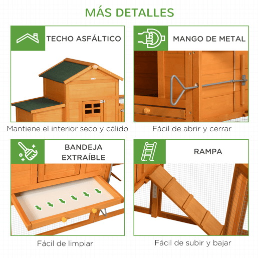 PawHut Galinheiro Grande para Exterior em Madeira, 297,5x68x118 cm para 3-6 Galinhas, Galinheiro com Ninho, Corral, Bandeja Removível, Telhado Asfáltico, Rampa, Porta com Fechadura, Natural