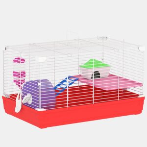 PawHut Gaiola para Hamster, Casa para Roedores Pequenos com Roda de Exercício, Comedouro, Bebedouro, Casinha, Rampas, Plataforma, Bandeja Removível, para Gerbos, 47x30x27 cm, Vermelho